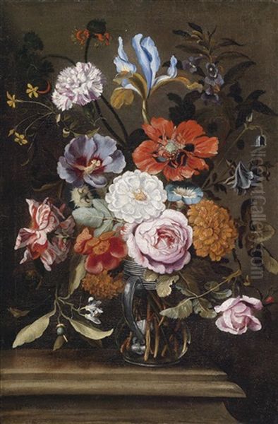Ein Blumenstraus Mit Iris, Nelke, Aster, Orangenblute, Wicken Und Rosen In Einem Glasernen Henkelkrug Oil Painting by Ferdinand Brueghel