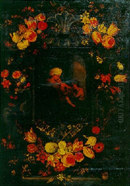 The Madonna And Child With The Infant Saint John The Baptist In A Feigned Stone Niche Decorated With Flowers Oil Painting by Jan Peeter Brueghel