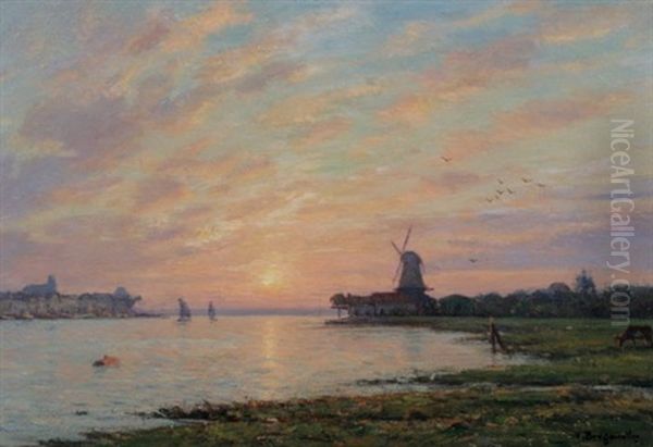 Sunset With Windmill Oil Painting by Victor Brugairolles