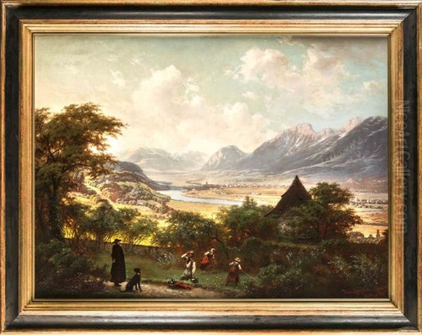 Stimmungsvolles Panorama Des Inntals Bei Innsbruck Mit Figurenstaffage Oil Painting by Hans Brunner