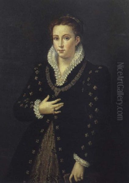 Ritratto Di Dama Con Un Guanto Nella Mano Sinistra E La Mano Destra Al Petto Oil Painting by Domenico (del Riccio) Brusasorci
