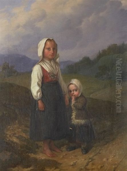 Flickor Vid Landsvag Oil Painting by Gustaf Henrik Brusewitz
