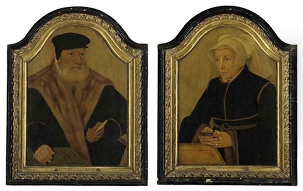 Portrait Of A Bearded Gentleman In A Black Coat And Cap...(+ Portrait Of A Lady In A Black Gown And White Wimple, Holding A Book; Pair) Oil Painting by Bartholomaeus (Barthel) Bruyn the Younger