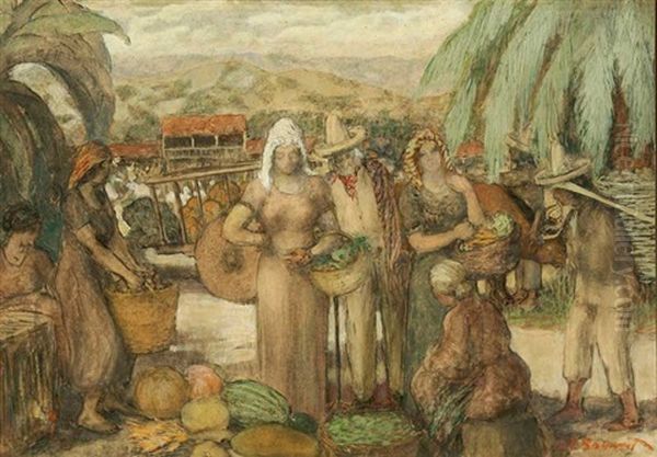 Figures In Pueblo Landscape Oil Painting by Everett Lloyd Bryant
