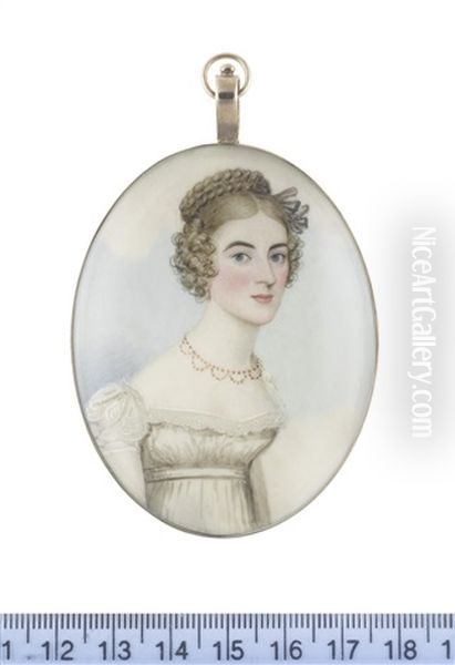 A Lady, Wearing White Dress With Capped Sleeves And Lace Trim To Her Decollete, Tiered Coral Necklace And Pendant Earring, Her Hair Upswept, Plaited And Curled In Ringlets Framing Her Face Oil Painting by Frederick Buck