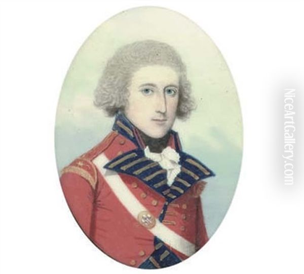 An Officer Of The 23rd Foot Royal Welsh Fusiliers (?), In Scarlet Coat With Blue Facings And Gold Lace, His Shoulder Belt Plate Bearing The Prince Of Wales Feathers Oil Painting by Frederick Buck