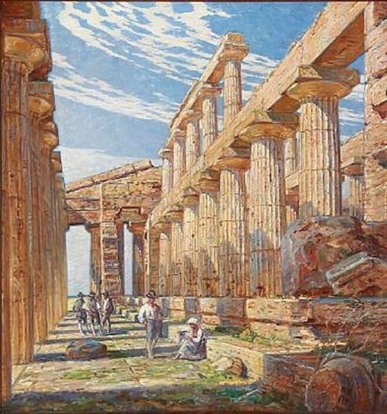 Summer Day At Paestum In Italy Oil Painting by Carl Budtz-Moller
