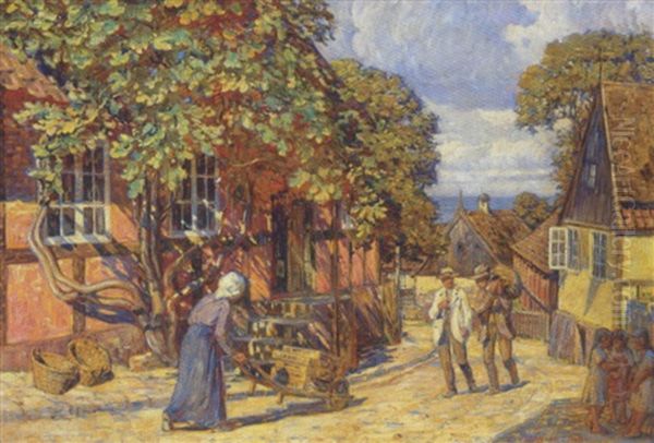 Landsbygade Med Figentrae Og Folkeliv, Antagelig Fra Gudhjem Oil Painting by Carl Budtz-Moller