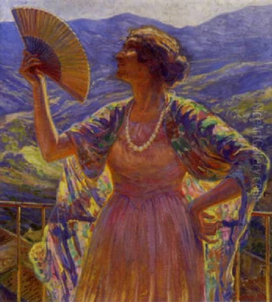 Woman With A Fan Oil Painting by Carl Budtz-Moller
