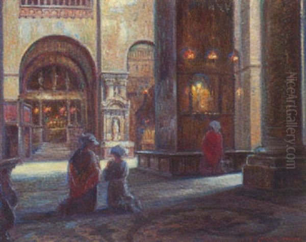 Kirkeinterior Fra San Marco I Venedig Med Knaelende Og Bedende Italienske Kvinder Oil Painting by Carl Budtz-Moller