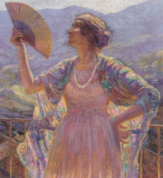 Kunstnerens Hustru Med Vifte Pa En Terrasse, Italien Oil Painting by Carl Budtz-Moller