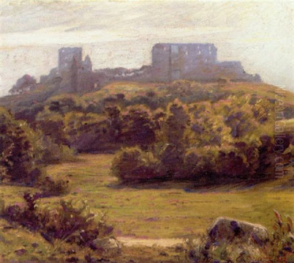 Parti Fra Bornholm Med Hammershus I Baggrunden Oil Painting by Carl Budtz-Moller