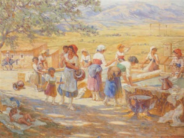Washing Laundry On A Summer's Day Oil Painting by Carl Budtz-Moller
