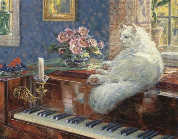 Interior Med Kat Liggende Pa Klaver Oil Painting by Carl Budtz-Moller