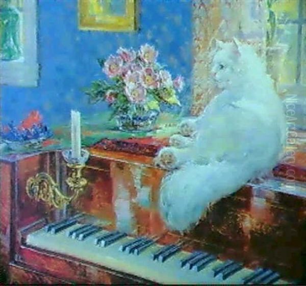 Interior Med Kat Liggende Pa Klaver Oil Painting by Carl Budtz-Moller