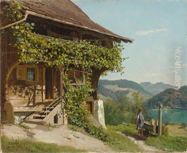 Typisches Bauernhaus Im Berner Oberland Mit Madchen Am Brunnen. Herbstliche Landschaft Mit See Und Bewaldetem Hugel Oil Painting by Eduard Buhler