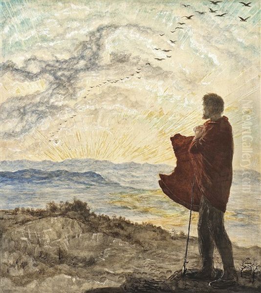 Ein Hirte In Felsiger Landschaft, Den Sonnenuntergang Betrachtend Oil Painting by Hans Adolf Buhler