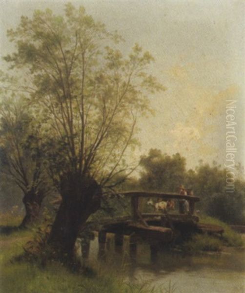 Ziegenhirtin Auf Einer Holzbrucke Oil Painting by Conrad Buehlmayer