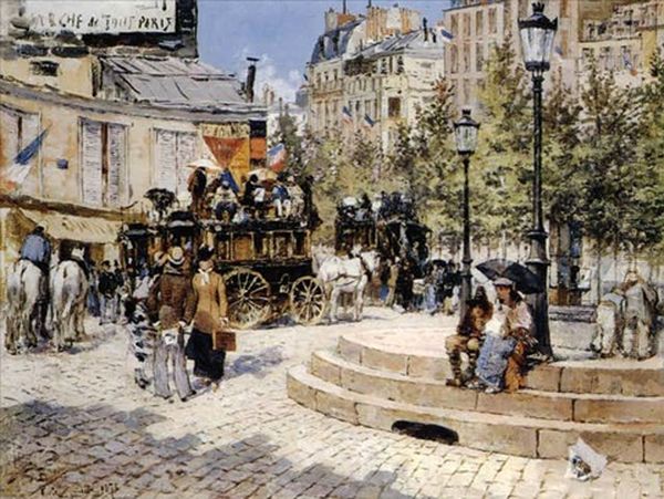 A Busy Paris Square Oil Painting by Felix Hilaire Buhot