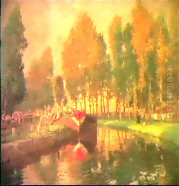 Barge On A River, Normandy Oil Painting by Rupert Charles Bunny