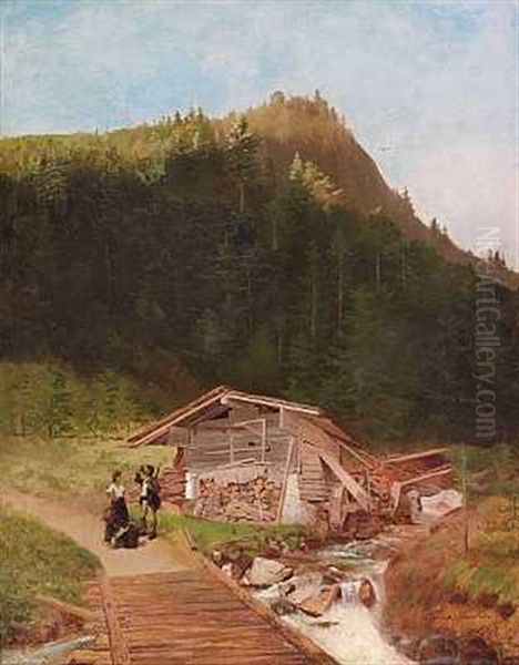 En Passiar Pa En Bjergvej Ved Et Brusende Vandfald Oil Painting by Heinrich Buntzen