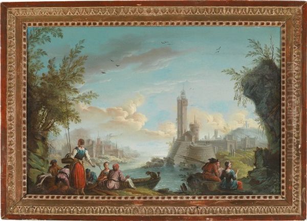 Eine Mediterrane Hafenszene Mit Fischern Im Vordergrund Oil Painting by Jacques-Andre-Edouard van der Burch