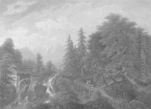 Wassermuhle Im Gebirgswald Oil Painting by Josef Burgaritzky