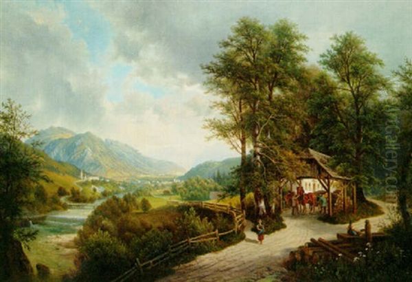Preparing A Carriage In An Alpine River Landscape Oil Painting by Josef Burgaritzky