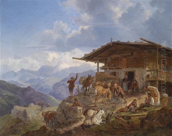 Rastende Vor Einer Berghutte Oil Painting by Heinrich Buerkel