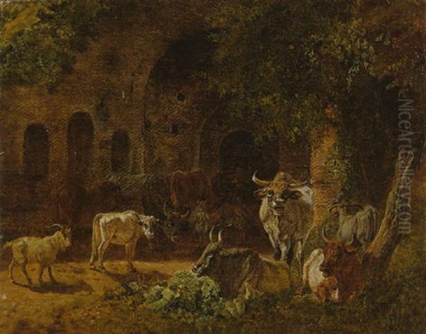 Rinderherde Und Ziegen Vor Antiken Ruinen Oil Painting by Heinrich Buerkel
