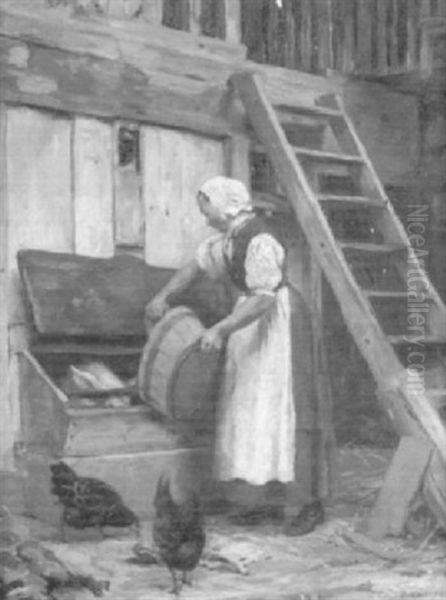 Bauerin Beim Futtern Der Schweine Oil Painting by Eugene Burnand
