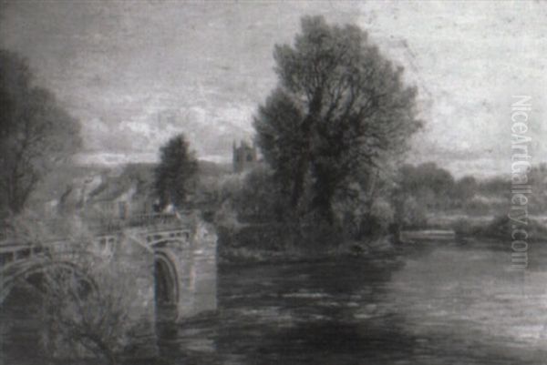 Figures Fishing From A Bridge Oil Painting by Charles Thomas Burt