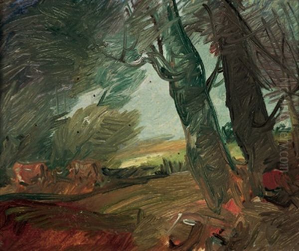 Bauer Unter Zwei Baumen Mit Zwei Kuhen Links Im Hintergrund Oil Painting by Wilhelm Busch