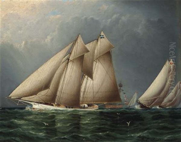 The Schooner Yacht "fenella" Rounding Sandy Hook Lightship With "estelle" Following Oil Painting by James Edward Buttersworth