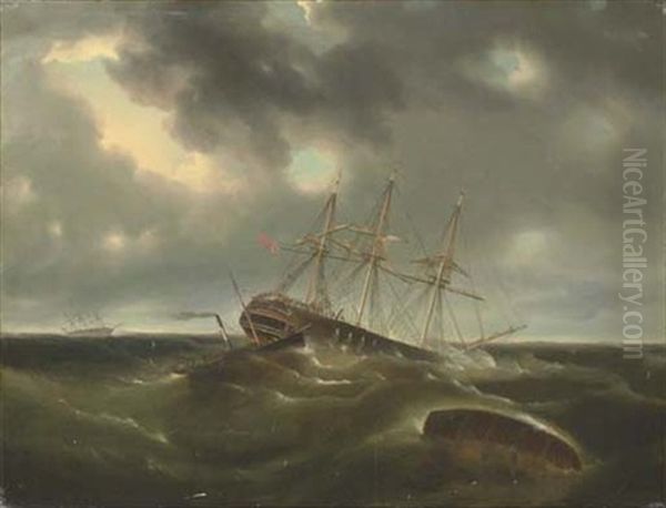 The Merchant Ship "lockwoods" Caught In A Gale Off Liverpool, A Paddle Tug Arriving To Assist Oil Painting by James Edward Buttersworth