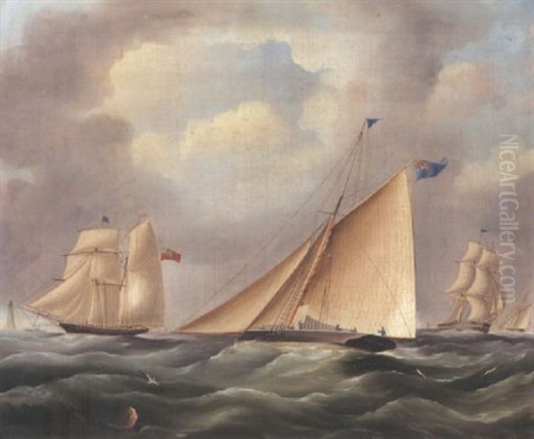 A Cutter And Other Shipping Near A Lighthouse Oil Painting by James Edward Buttersworth