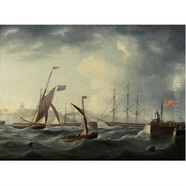 The Arrival Of George Iv In The Royal George Off Leith Harbour With A Dispatch Lugger In The Foreground Oil Painting by Thomas Buttersworth