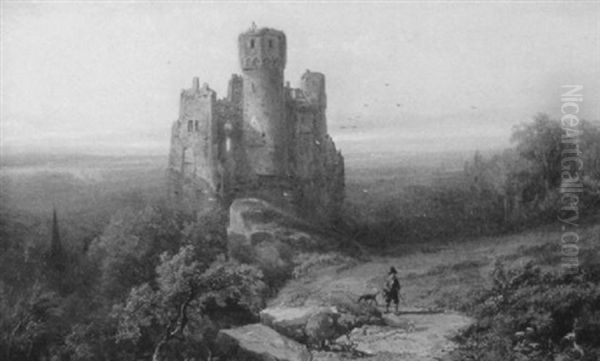 Huntsman And Dog On The Road By Castle Ruins Oil Painting by Alfred Eduard Agenor de Bylandt
