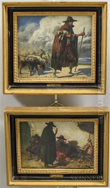 Two Paintings Of Goatherders Oil Painting by Eugene Cadel