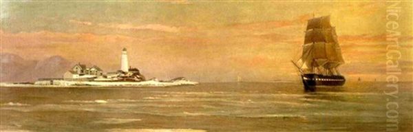 Three-masted Schooner Approaching New England Lighthouse At Dusk Oil Painting by Charles Drew Cahoon