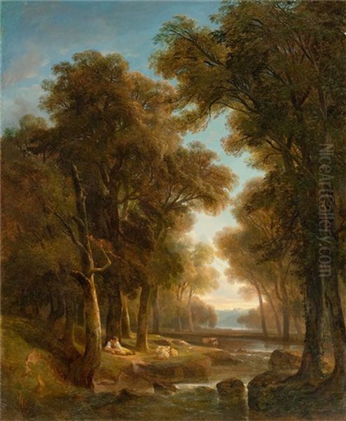 Paysage Avec Arbres, Eau, Bergers Et Vaches (landscape With Trees, Water, Shepherds And Cows) Oil Painting by Alexandre Calame