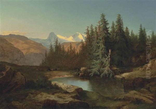 Kleiner Bergsee, Ausblick Auf Die Berner Alpen Oil Painting by Alexandre Calame