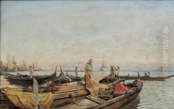 Bateaux A Quai, Venise Oil Painting by Jean-Baptiste-Arthur Calame