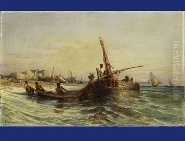 Coastline With Sailboats And Fishermen Oil Painting by Jean-Baptiste-Arthur Calame