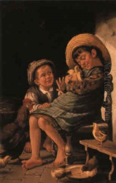 Playing With The Chicks Oil Painting by John (Giovanni) Califano