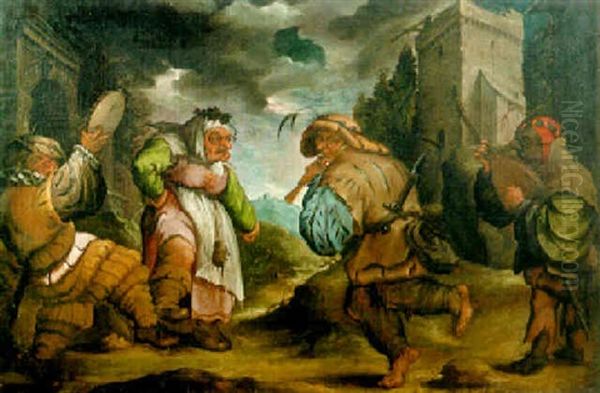 An Old Peasant Couple Dancing To A Tambourine And A Lute Oil Painting by Jacques Callot