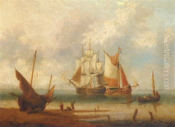 Marine Avec Trois Personnages Sur La Rive Oil Painting by William Callow