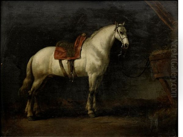 A Grey Standing In A Stable Oil Painting by Abraham Van Calraet