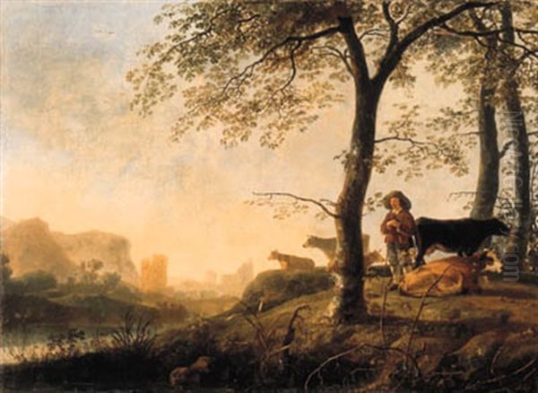 An Evening River Landscape With A Cowherd And Cows By The Edge Of A Copse, A Bridge And Ruins Beyond Oil Painting by Abraham Van Calraet