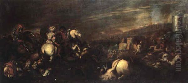 Cavalry Skirmish Outside A Fortified City Oil Painting by Antonio Calza